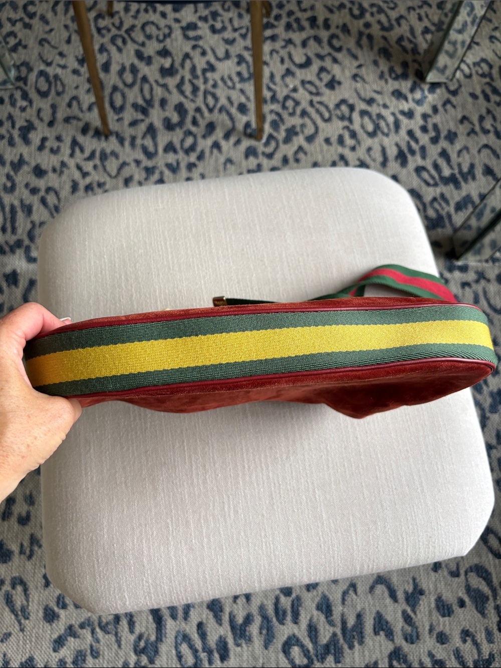 Gucci Orange Red Suede Shoulder Bag with Green-Red Web Strap - Picture 13 of 13